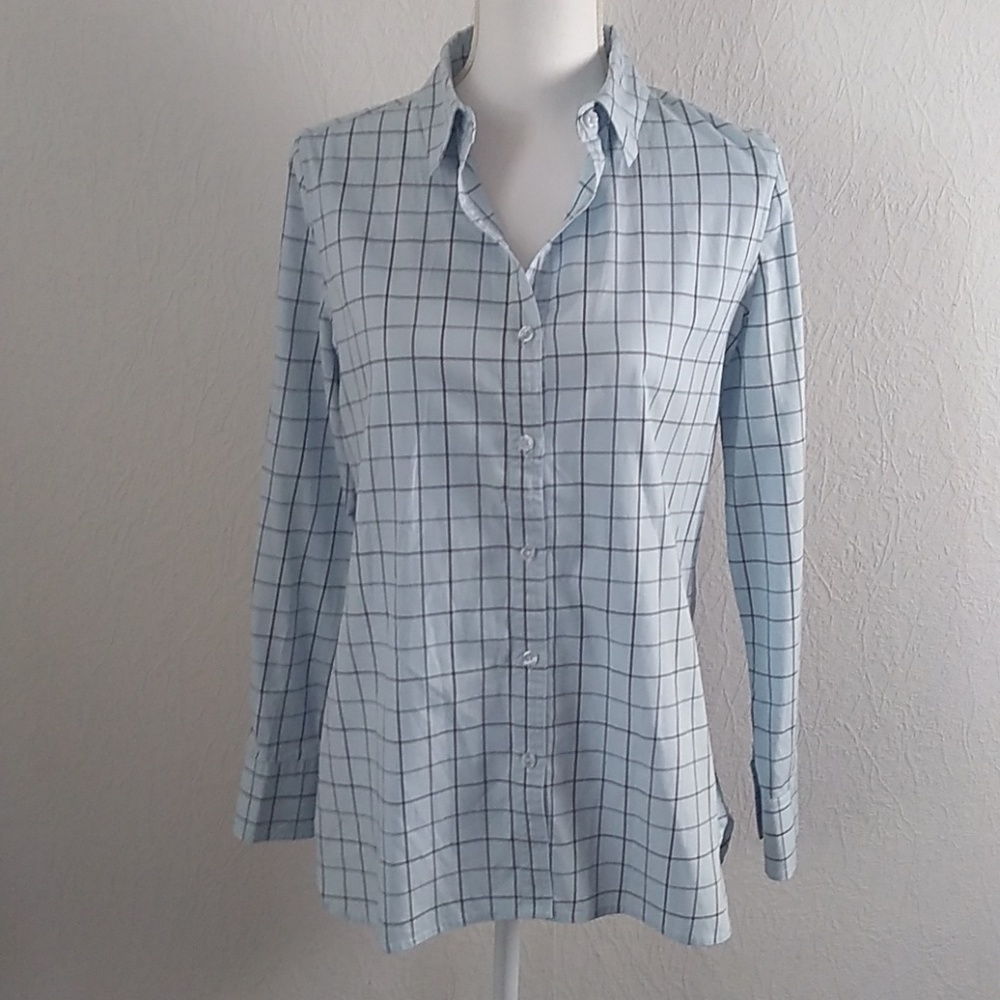 Tyler Boe Blue/Gray Plaid Cotton Button Blouse